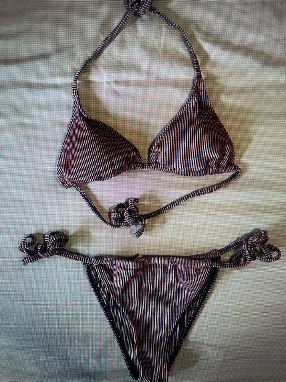 Striped Pink and Black Tie-Side Bikini Set - Women Swim
